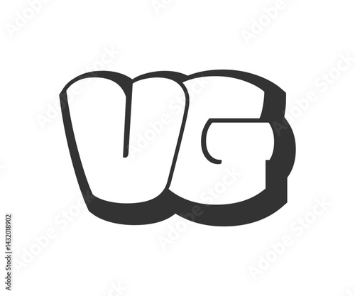 VG logo, bubble comic lettering, rounded in graffiti style black and white silhouette. Trendy preschool V and G letter text for festival party, personal initials, children funky print and web.
