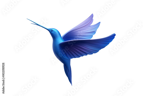 Vibrant Blue Hummingbird in Flight with Detailed Feathers and Dynamic Wingspan photo