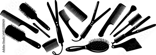 Creative arrangement of various hair and beauty tools in a stylized pattern across a horizontal layout
