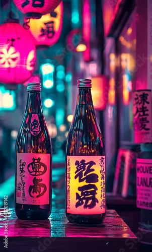 Two traditional sake bottles illuminated by colorful lanterns in a vibrant alleyway at night