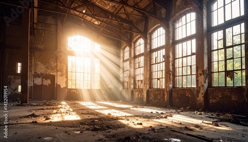 Urban photography of abandoned industrial building interior with dramatic light beams through broken windows