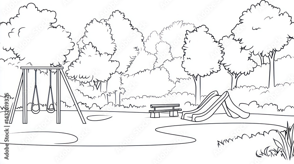 Obraz premium Park playground swings slides trees children's book illustration