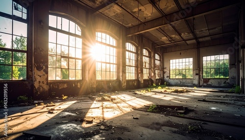 Urban photography of abandoned industrial building interior with dramatic light beams through broken windows
