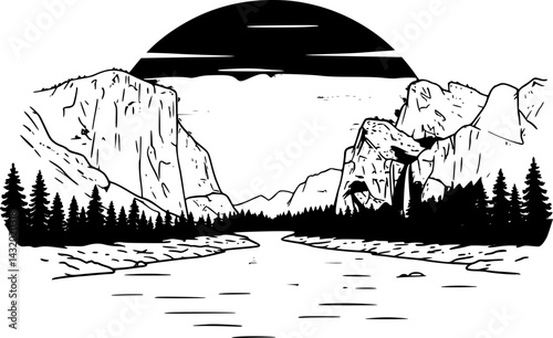 Flowing river surrounded by mountains and trees with serene landscapes and tranquil waters at sunset

