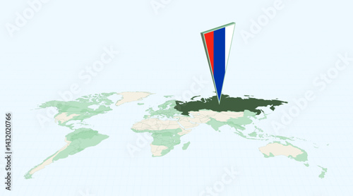 Highlighted Russia on Global Map with 3D Flag Location Pin of Russia.