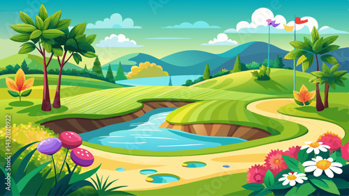 Serene Golf Course Landscape with Sand Bunker, Green Fairway, Flowers, Pond, and Augustalike Ambiance for Sports