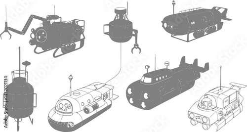 Various underwater exploration devices designed for research and data collection in marine environments
