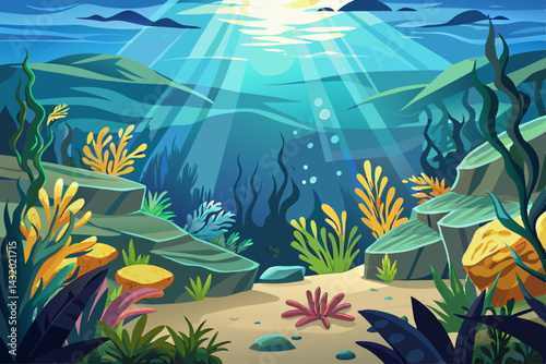 vector of Seaweed and natural sunlight underwater seascape in the ocean. Landscape with seaweed on the sea floor