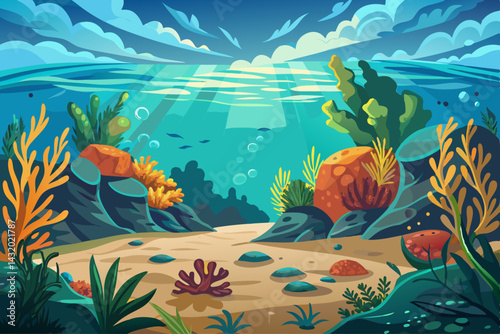 vector of Seaweed and natural sunlight underwater seascape in the ocean. Landscape with seaweed on the sea floor