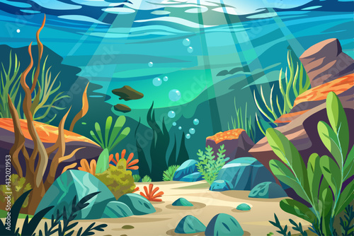 vector of Seaweed and natural sunlight underwater seascape in the ocean. Landscape with seaweed on the sea floor