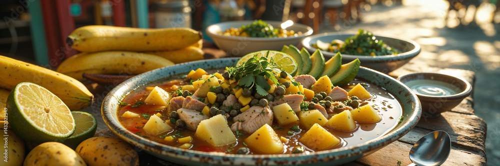 Ajiaco soup of potatoes, corn, meat with aromatic herbs, lime on a table in a street cafe, Cuba traditional food