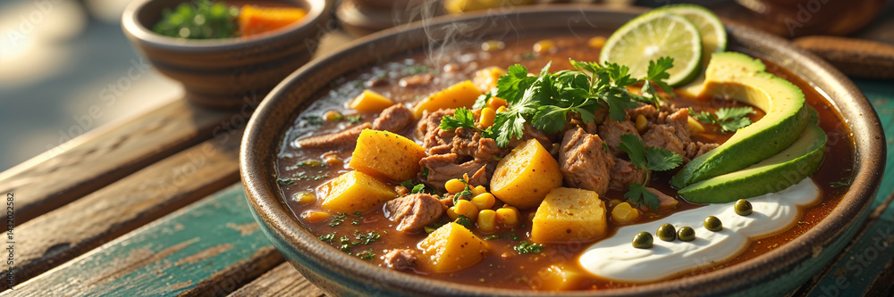 Ajiaco soup of potatoes, corn, meat with aromatic herbs, lime on a table in a street cafe, Cuba traditional food
