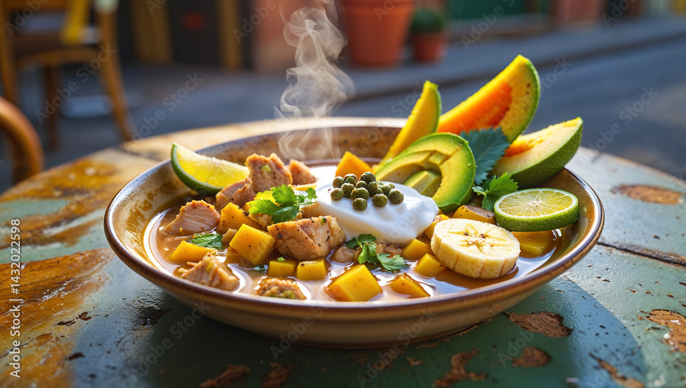 Ajiaco soup of potatoes, corn, meat with aromatic herbs, lime on a table in a street cafe, Cuba traditional food