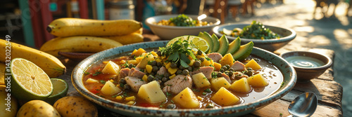 Obraz na płótnie Ajiaco soup of potatoes, corn, meat with aromatic herbs, lime on a table in a street cafe, Cuba traditional food w salonie