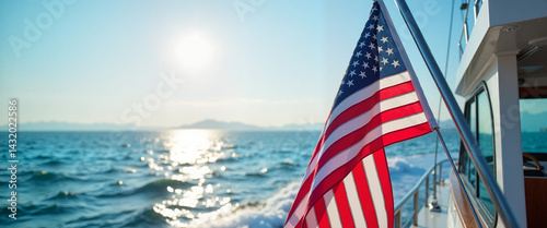 American flag waving on a boat amidst calm ocean waves, bright sunlight reflecting off the water, symbolism of freedom and patriotism. July 4,  Independence Day concept