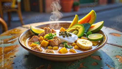 Obraz na płótnie Ajiaco soup of potatoes, corn, meat with aromatic herbs, lime on a table in a street cafe, Cuba traditional food w salonie