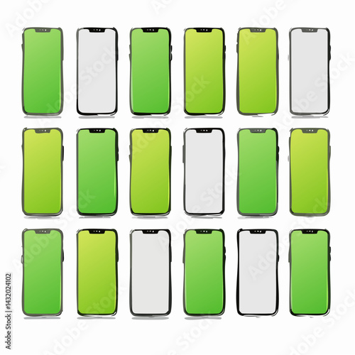 Set of smartphone mockups showing green and white screens