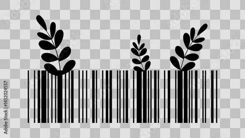 Unique bar code with eco friendly element plant. Scan barcode concept commerce packaging for business 