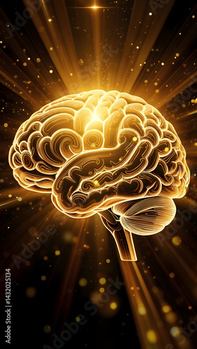 A beautifully designed golden brain with a bright light emanating from it