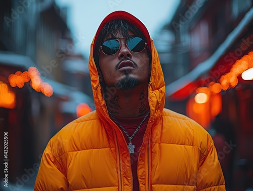 Stylish individual in a vibrant yellow jacket poses confidently in a snowy urban alley photo
