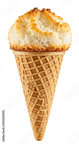 Toasted Coconut Macaroon Cookie Concept Art on Transparent PNG Background Vertical Design. Chewy Sweet Cookie atop a handmade waffle cone. Photorealistic Summer Treat Illustration. Vertical Format.
