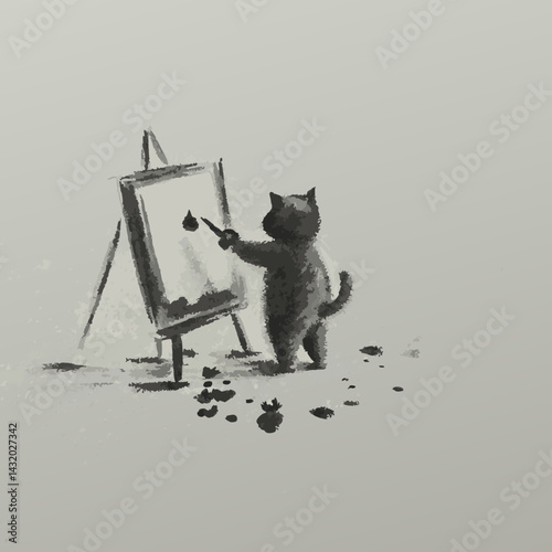 Cat Painting on Canvas Against Light Background  