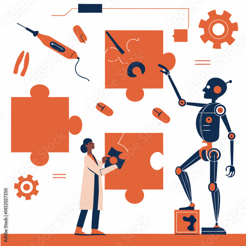 Scientist working with robot and puzzle pieces in a creative lab  