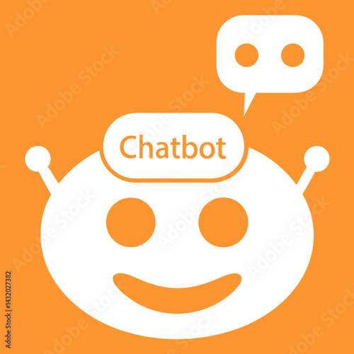 Chatbot icon smiling with speech bubble against orange background  