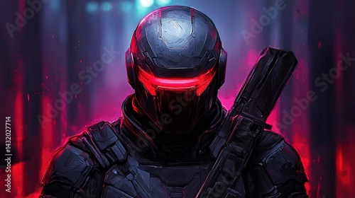 Futuristic bounty hunter in sleek armor scanning urban alleyway sci-fi art dark environment close-up view photo