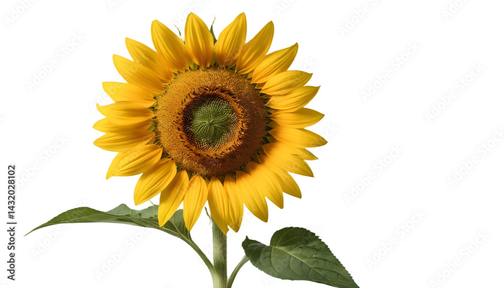 Fototapeta premium Sunflower blossom close up yellow petals and green leaves floral beauty shot on transparent background