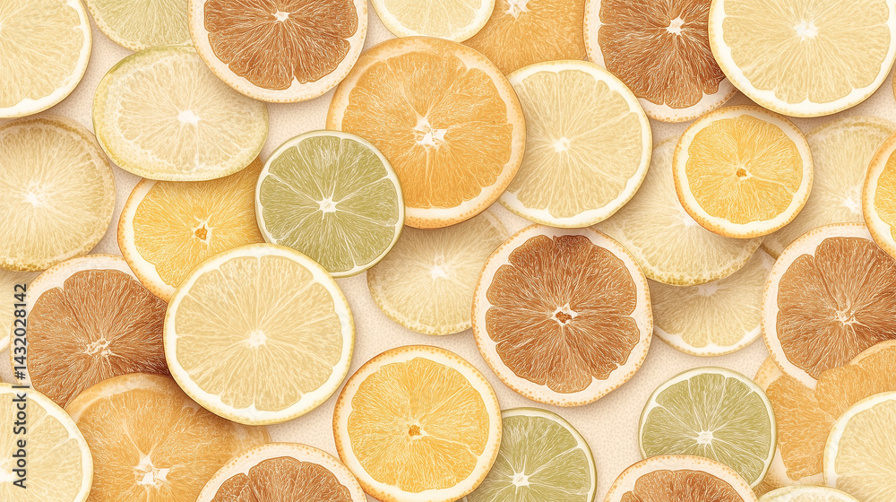 Citrus fruit pattern – top view of sliced lemons, oranges, and limes on pastel background Citrus fruit pattern – top view of sliced lemons, oranges, and limes on pastel background