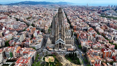 Sagrada Familia Church At Barcelona In Catalonia Spain. Gothic Church Scenery. Downtown Cityscape. Barcelona At Catalonia Spain. Cultural Heritage Skyline. Basilica Construction.