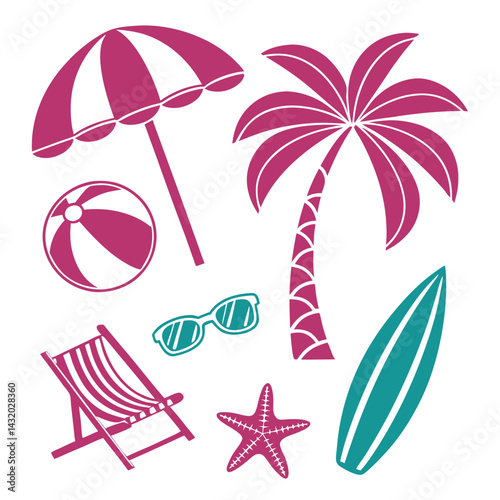 Tropical summer beach vector icon set features palm trees, sun, sea, and holiday elements