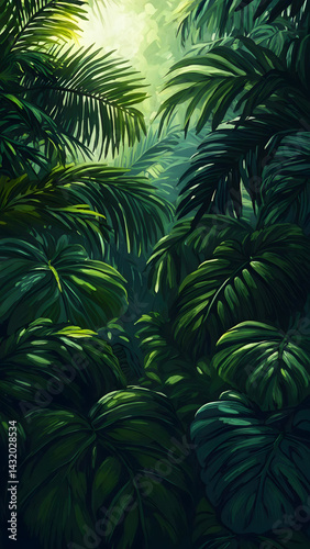 A vibrant painting of a lush tropical forest filled with palms