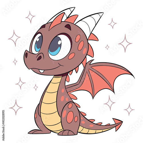 Cute green cartoon baby dragon and cheerful reptile snake illustration art