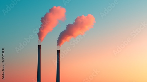 Industrial Smokestacks at Sunset
