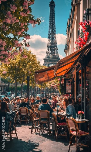Vibrant outdoor caf? scene in Paris with patrons dining and the Eiffel Tower in the background