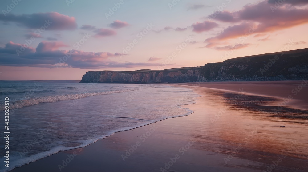 Obraz premium Serene Beach at Sunset with Calm Waves and Soft Clouds Reflecting on Water