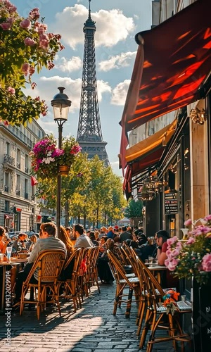 Vibrant Parisian caf? scene with patrons enjoying meals, Eiffel Tower in the background