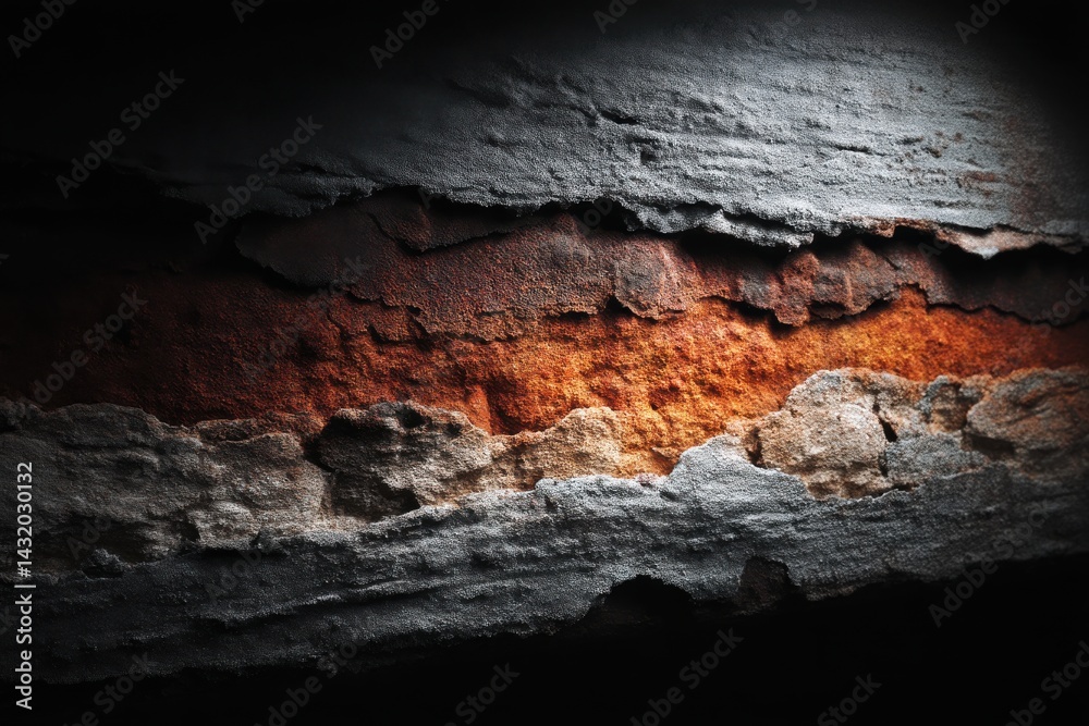 Fototapeta premium Dramatic close-up of multi-layered rock formation with vibrant rusty hues, creating a captivating contrast between light and shadow, dark and earthy tones.