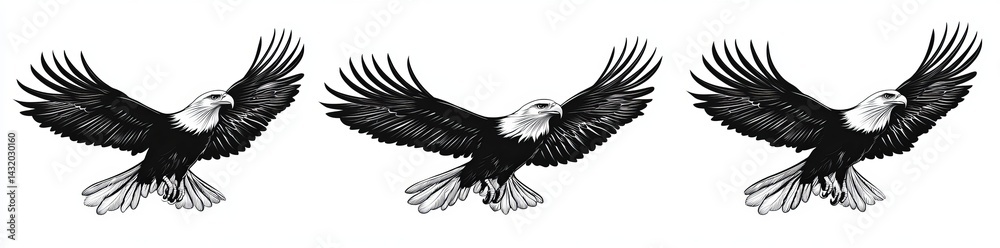 Obraz premium In flight, four eagles exhibit detailed wing designs and varied poses on a simple background