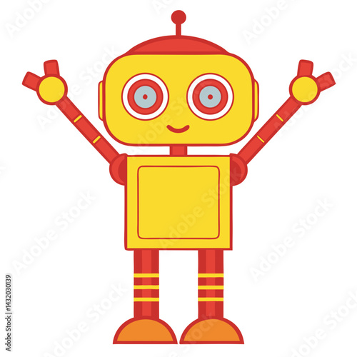 A friendly and inviting cartoon robot illustration stands confidently, with welcoming gesture to the viewer. this image represents the fusion of innovation and optimism, featuring a vibrant design.