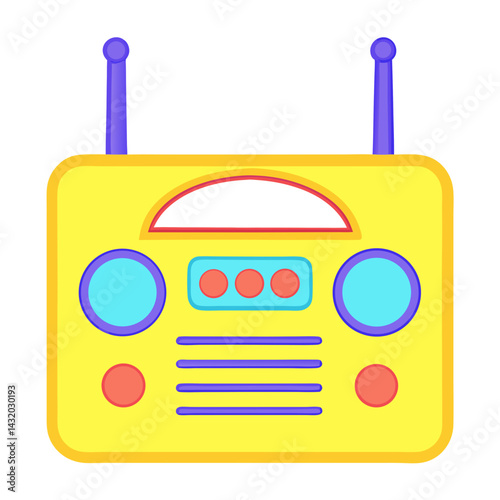 A whimsical illustration of a classic radio, with bold colors and a cartoonish design, evoking nostalgia and the joy of listening. vector illustration