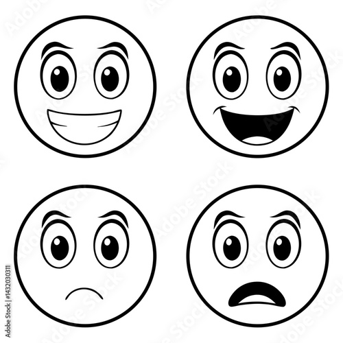 A set of monochrome emoticons conveys a range of human emotions: joy, anger, sadness, and surprise. Capturing the simplicity of human expressions in graphic design.