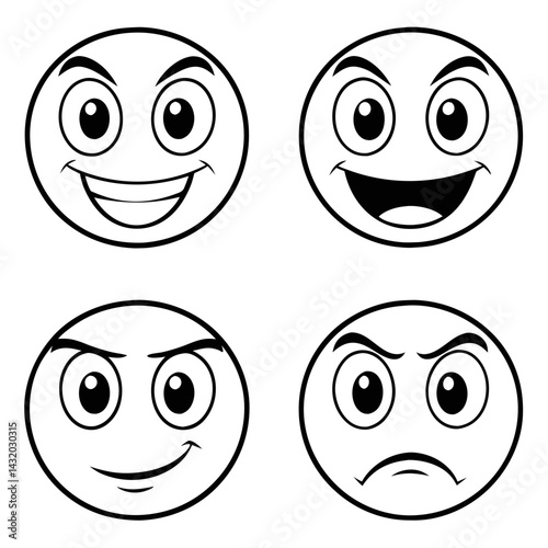 Four simple yet expressive faces illustrate a spectrum of moods, from happy joy to intense anger. These black and white illustrations capture the essence of human emotion with bold, clean lines.