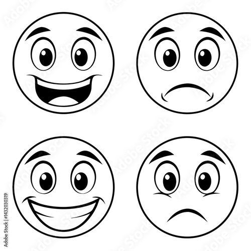 Expressing a spectrum of emotions with bold simplicity, this illustration of diverse emoticons presents a range of feelings, from pure joy to melancholic sadness. vector illustration