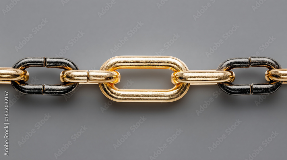 Obraz premium A single shiny golden link connects two long black chain segments, symbolizing strength, unity, breakthrough leadership, and the power of one connection to bind and empower the whole system.