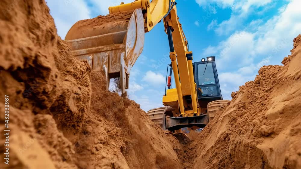 Yellow hydraulic excavator with large bucket operates in deep sandy ground, surrounded by steep earth walls under blue cloudy sky. Precise digging process with heavy construction equipment.