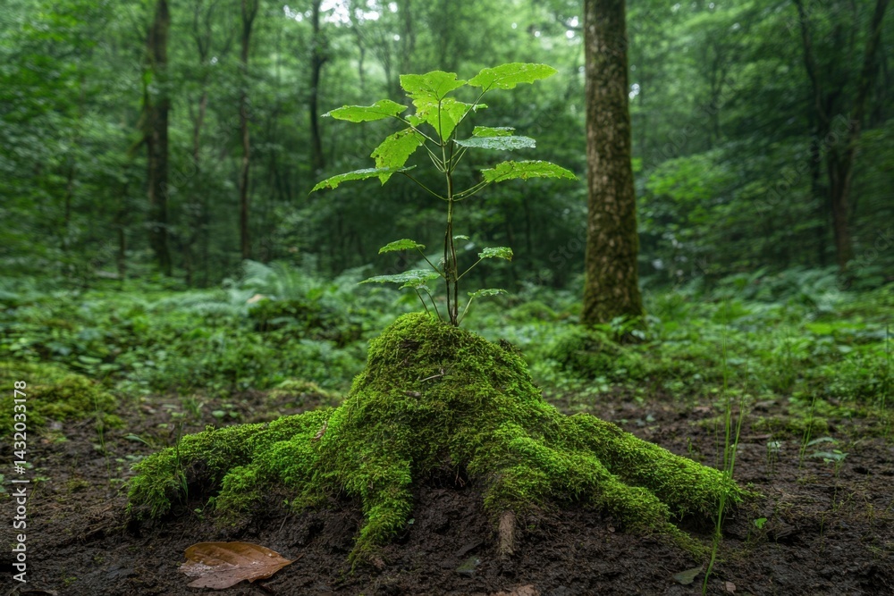 Fototapeta premium Moss-covered root system supports young sapling in vibrant forest during early morning light