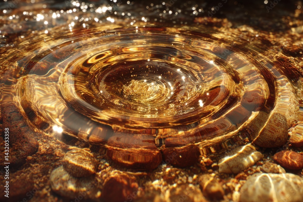 Close-up water ripples create a mesmerizing pattern on the water's surface, reflecting golden sunlight and revealing the rocks and pebbles below in shallow water. Close-up water ripples create a mesmerizing pattern on the water's surface, reflecting golden sunlight and revealing the rocks and pebbles below in shallow water.